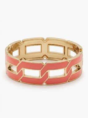 Vintage Gold-Tone Coral Enamel Geometric Link Hinged Bangle Bracelet
